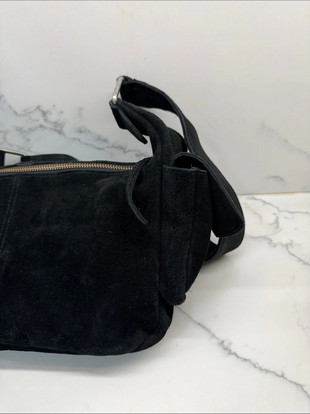 Free People Black Suede Bag with Front Zip Pocket